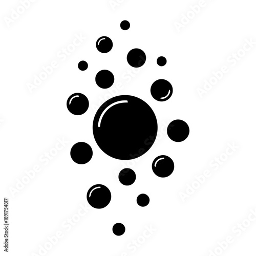 Abstract composition of black bubbles and spheres, representing effervescence or liquid, dynamic arrangement of circles in various sizes for creative backgrounds