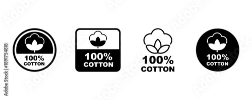 100 percent cotton labels set four different designs circle square plain with cotton flower symbol for fabric composition and textile quality assurance vector illustration