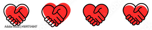 Abstract illustration of two hands shaking inside a heart shape, symbolizing love, friendship, agreement, and partnership, with variations in style and outline.