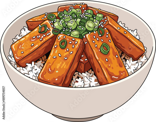 Glazed tofu slices on rice with green onions and sesame seeds bowl