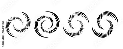 Abstract swirl and spiral designs with dots and lines vector graphics, vortex motion effect