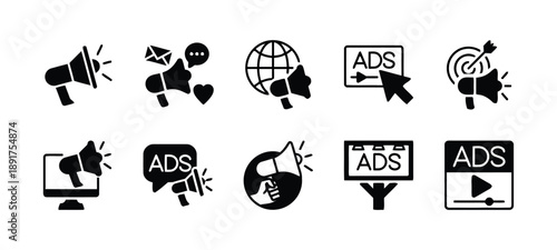 Advertising and marketing icons set including megaphone email globe ads billboard and target for promotional campaigns and digital media