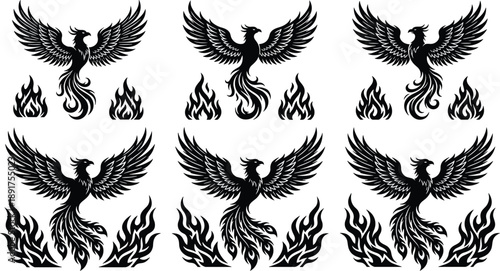 Stylized black phoenix silhouette set with rising flame variations for mythological design, rebirth symbolism, fantasy illustration, and decorative vector artwork.