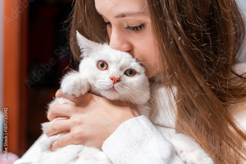 A girl holds a cute white cat on her lap