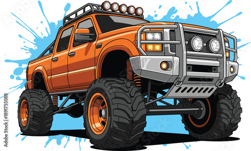Orange monster truck with large tires and silver grill on white background with blue paint splatters