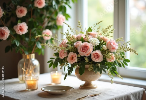 Elegant spring floral decor for celebration, natural light, commercial image