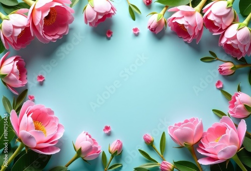 Spring floral background for holiday greeting, flat lay, copy space