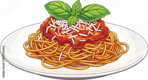 Spaghetti with tomato sauce and basil on a plate pasta cheese