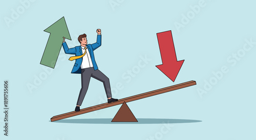 Businessperson balancing on seesaw with up and down arrows.