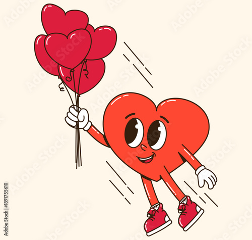Groovy heart shaped mascot flying up with balloons. Vector illustration for invitations, branding, greeting cards