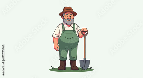 Cartoon Farmer Standing with Shovel Illustration.