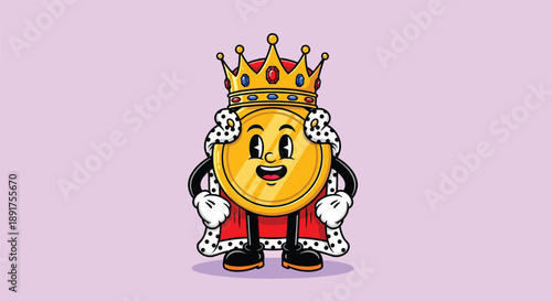 Cartoon Gold Coin King Character Wearing a Crown and Royal Robe.