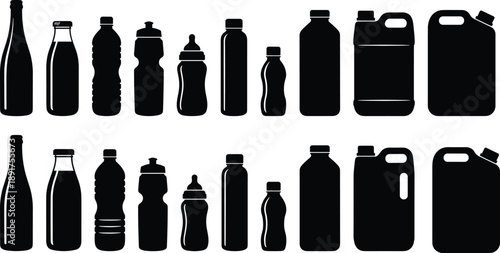 Set of bottle and container silhouettes in various shapes and sizes, ideal for packaging, product design, and classification vector illustrations.