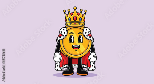 Cartoon King Coin Character Wearing a Crown and Royal Cape.