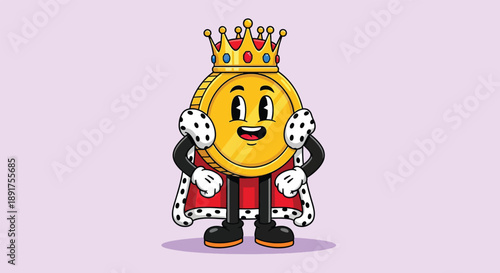 Cartoon King Coin Character Wearing a Crown and Royal Robes Illustration.