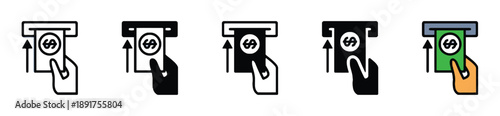 ATM cash withdrawal icons set showing hand inserting card and money, representing financial transactions, banking services, money access and cash machine use, finance and banking concept