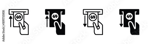 ATM cash withdrawal icons set showing hand inserting card and money, representing financial transactions, banking services, money access and cash machine use, finance and banking concept