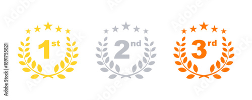 Award icons for first second and third place, featuring golden silver and bronze laurel wreaths with stars, symbolizing achievement and victory