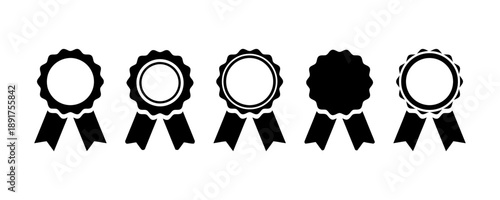Award ribbon set, rosette medal icon collection, winner badge graphic, achievement prize symbol, best quality recognition icon, certification seal pictogram