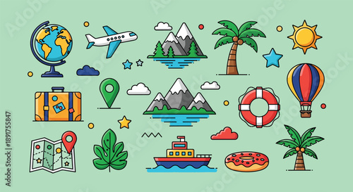 Collection of Travel and Vacation Icons and Elements.