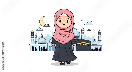 Cute Muslim Girl Wearing Hijab in Front of Mosque Illustration.