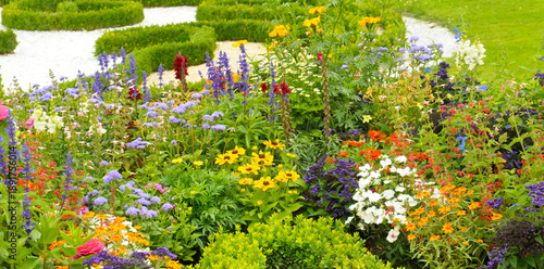 Multicolored floral arrangement in a scenic outdoor park setting.