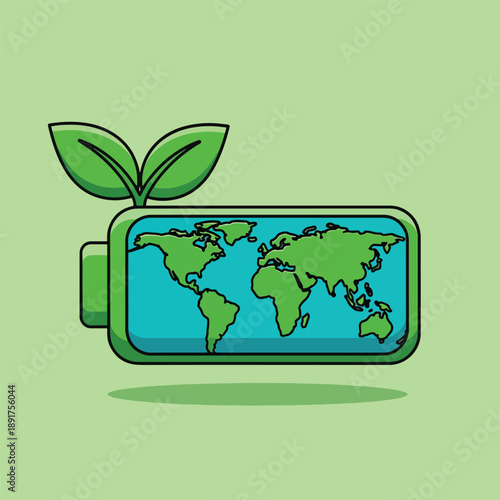Ecofriendly energy concept with world map on battery and green leaves.