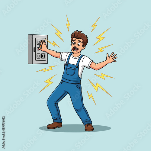 Electric Shock Danger Man Frightened by Electrical Hazard.