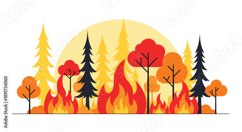 Forest Fire Illustration with Flames and Trees Illustration.