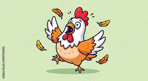 Funny Cartoon Chicken Falling with Feathers Flying Around.