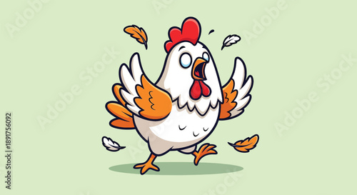 Funny Cartoon Chicken Running with Leaves.