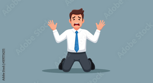 Man Kneeling in Despair with Hands Raised.