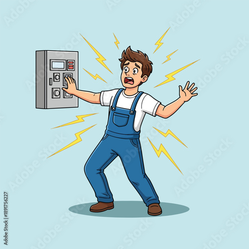 Man receiving electric shock from electrical panel.