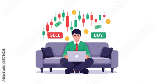 Man Trading Stocks Online From Home Couch.