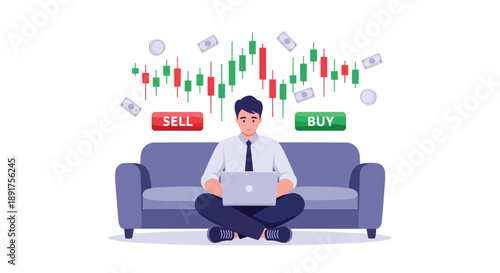 Man Trading Stocks Online While Sitting on Sofa.