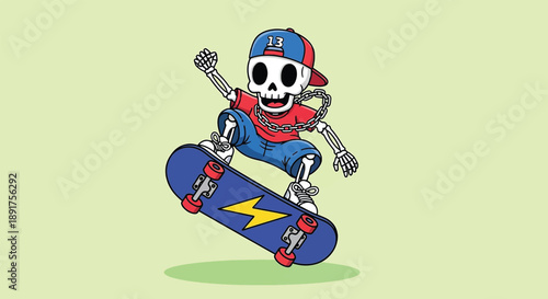 Skeleton Skateboarder Cartoon Character Illustration.