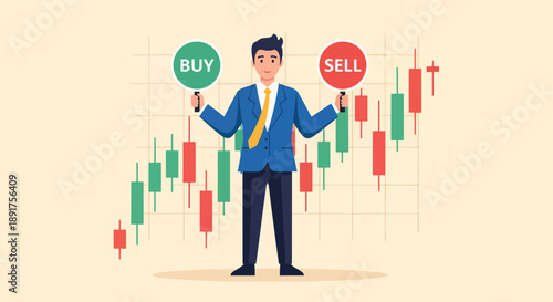 Trader Making Decision Between Buying and Selling Stocks on a Chart.