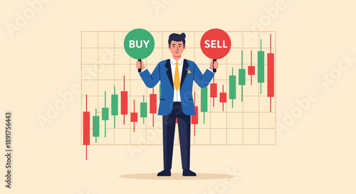 Trader Making Decision Between Buying and Selling Stocks on Candlestick Chart.