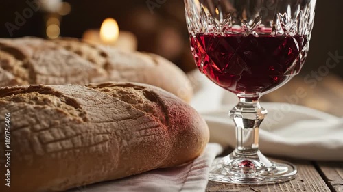 Rustic bread and red wine in a crystal glass. Religious communion ceremony concept. Still life composition