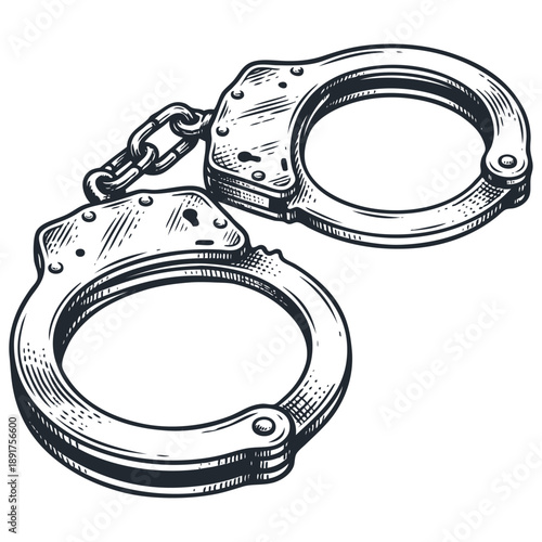 Vector illustration of police handcuffs in a vintage engraving style. A symbol of law, justice, crime, and arrest. Isolated monochrome sketch.