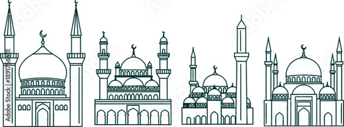 Detailed architectural sketch of a historic mosque with multiple minarets and domes