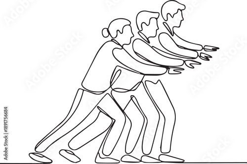 Three people pushing together in a unified effort from a side viewpoint