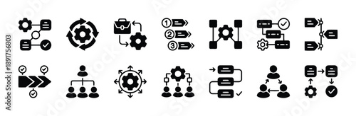 Black and white icons representing business processes, workflows, teamwork, and project management, including gears, flowcharts, organizational charts, and progress steps