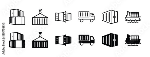 Black and white icons set of shipping containers, cargo ship, truck, crane and warehouse for logistics and international trade industry graphic elements