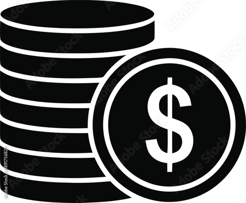 Stack of black silhouette coins with a prominent dollar sign on the front coin symbolizing savings financial growth and wealth