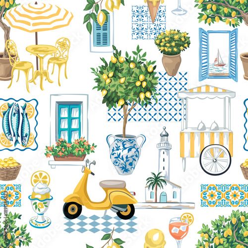 Italian cafe, gelato, lemon tree, sardine fish, lighthouse, tiles, window seamless pattern. Summer resort print.	