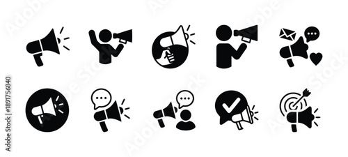 Black solid fill icons for communication and marketing, depicting megaphones, bullhorns, speech bubbles, people, and targets for advertising and announcement themes