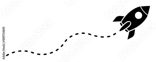 Black rocket flying with dotted line path against white background isolated vector illustration flat design