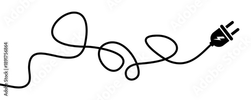 Black electrical plug with coiled cord on white background, power connector for energy and electricity, technology and connectivity symbol, simple illustration