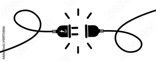 Black and white illustration of electric power plug and socket disconnecting with bright sparks suggesting power loss or connection issue